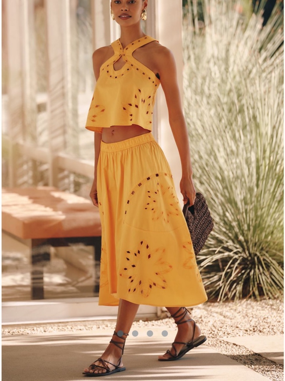 Anthropologie Yellow Eyelet Midi Skirt